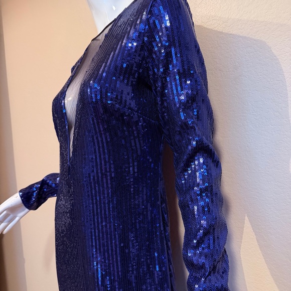 Bebe Blue Sequin Longsleeve Deep Plunge Sheer Panel Dress - Picture 5 of 12